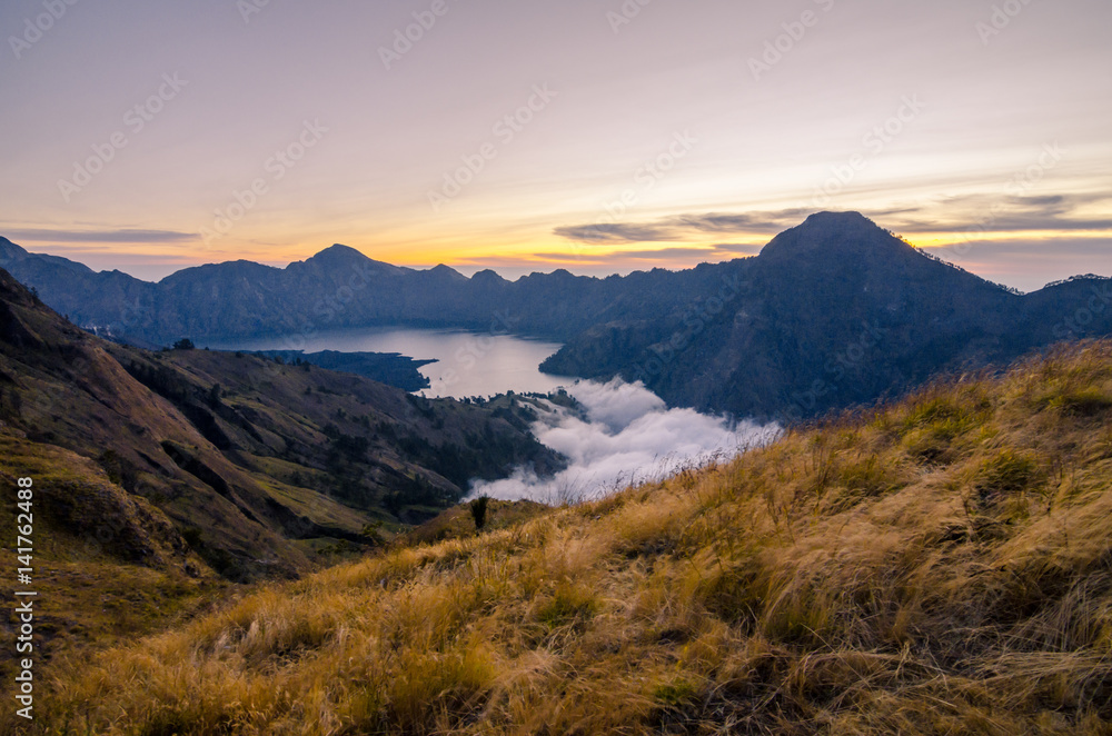 Mount Rinjani basecamp. The mountain is the second highest volcano in Indonesia and rises to 3,726 metres (12,224 ft).