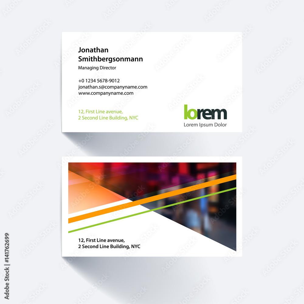 Fototapeta premium Vector business card template with colourful diagonal, triangula