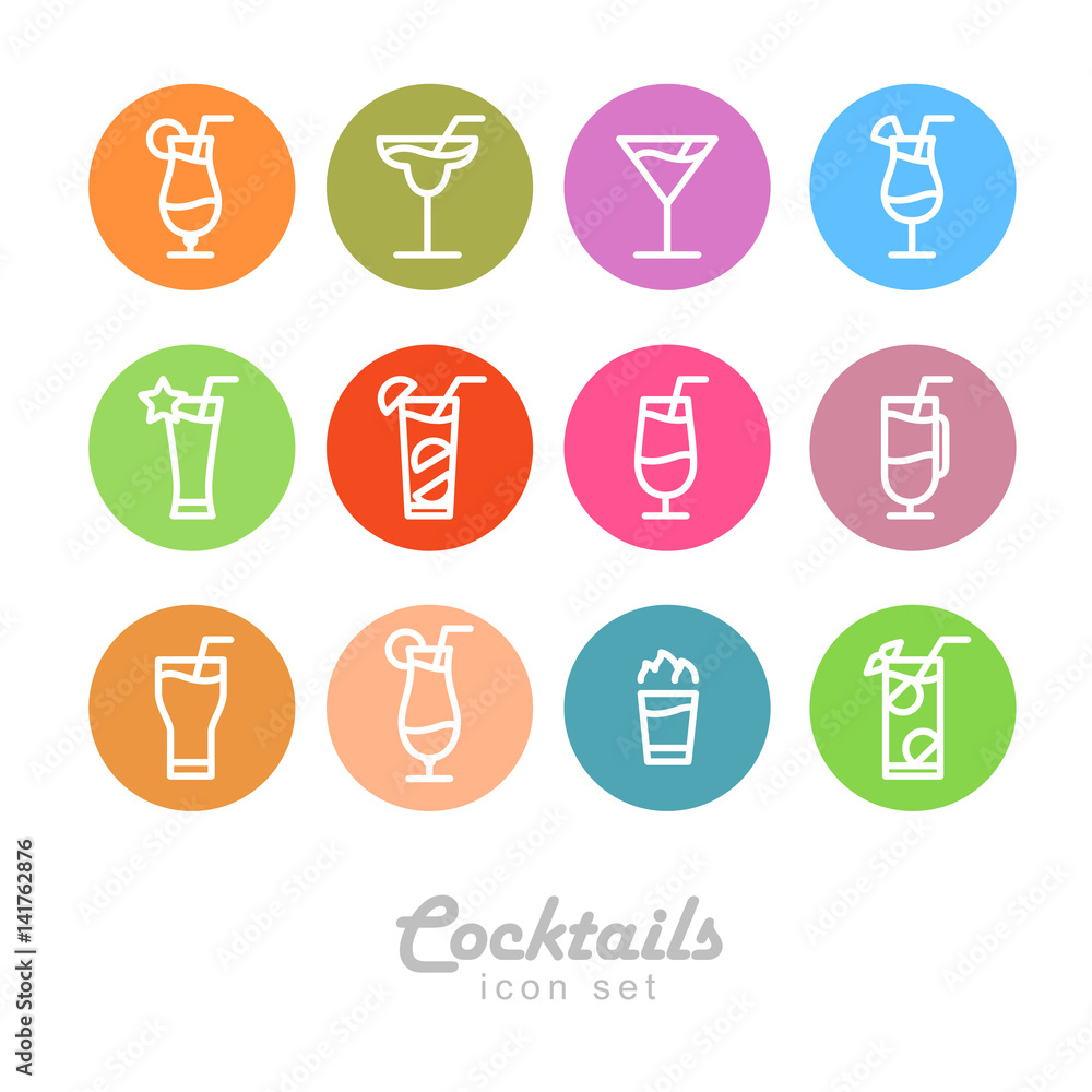 Flat icon design. Isolated Cocktails icons.