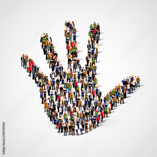 Large group of people in form of hand icon. Care, friendship, support or family concept. photo
