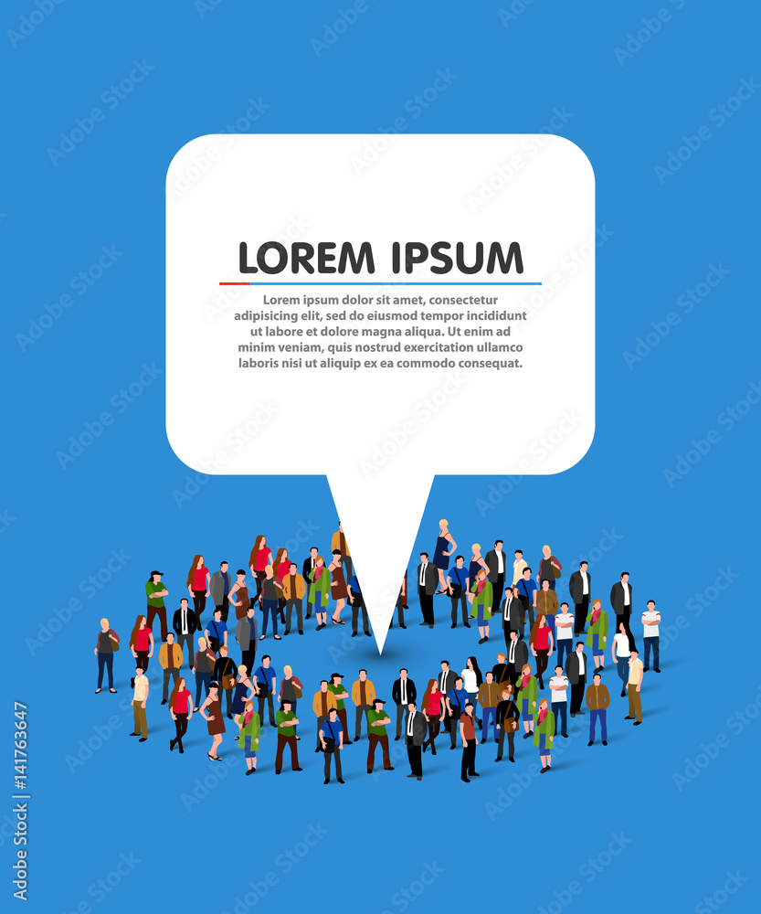 Large group of people in the shape of circle with white information ...
