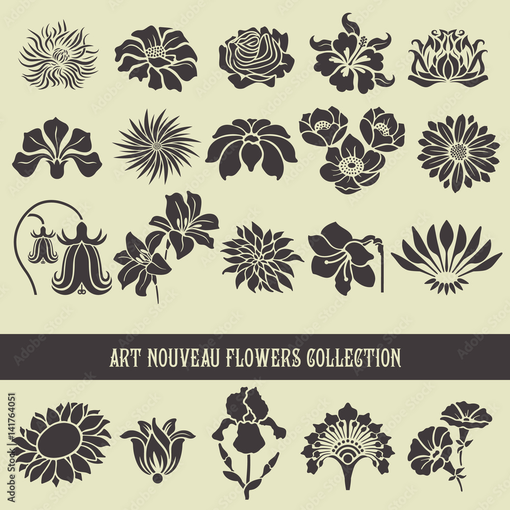 Naklejka premium Set of floral elements and silhouettes of flowers, ornamental patterns for using in invitation cards, ornaments, wedding invitations, etc. Art Nouveau style