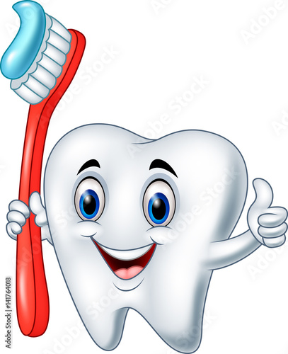 Cartoon tooth holding a tooth brush giving thumb up