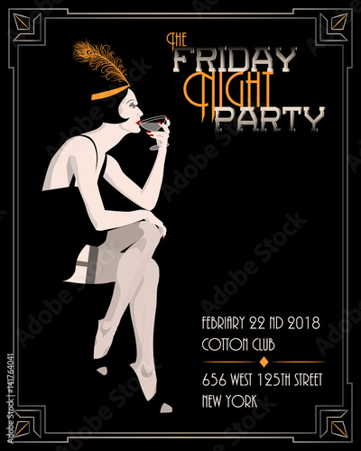 Flapper girl with wineglass. Retro Party invitation card. Handmade drawing vector illustration. Art Deco style