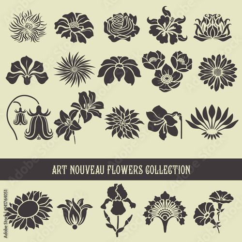 Set of floral elements and silhouettes of flowers, ornamental patterns for using in invitation cards, ornaments, wedding invitations, etc. Art Nouveau style