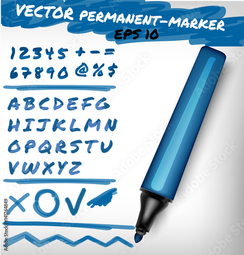 Blue color open permanent marker pen, handwritten digits set, numerals, figure and alphabet check sign, plus, line.Vector felt-pen illustration 
