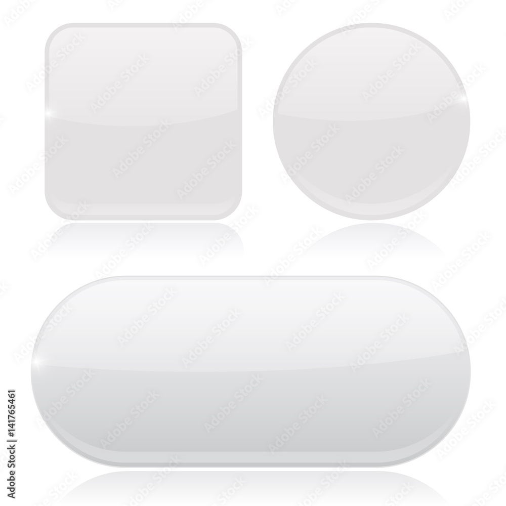 White buttons. Round, square and oval shiny icons White buttons. Round, square and oval shiny icons