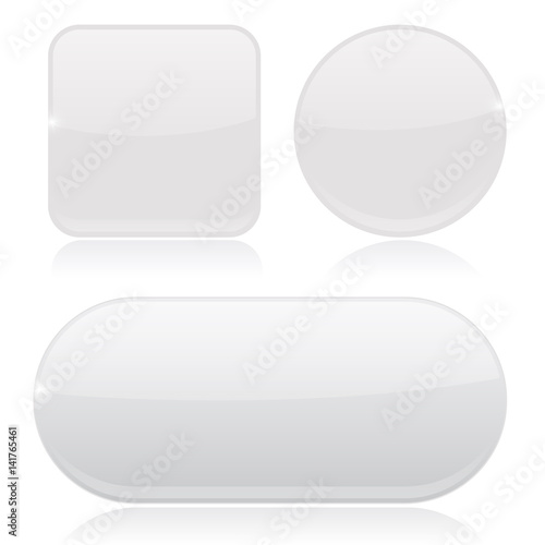 White buttons. Round, square and oval shiny icons