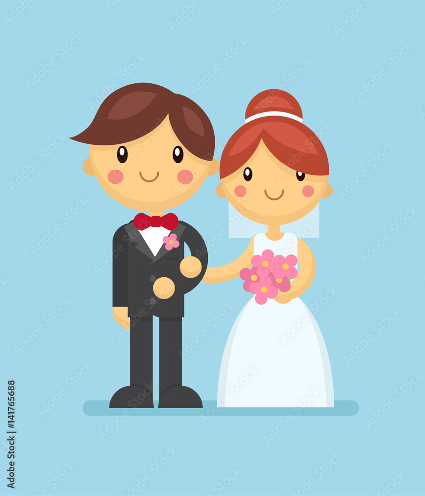 Wedding couple in flat style. Wedding ceremony vector illustration for invitation, poster, advertising, greeting card, bridal shower Wedding couple in flat style. Wedding ceremony vector illustration for invitation, poster, advertising, greeting card, bridal shower