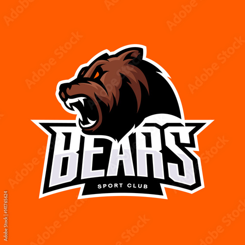 Furious bear sport vector logo concept isolated on orange background. Modern predator professional team badge design.
Premium quality wild animal t-shirt tee print illustration.