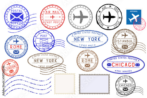 Collection of colored postal stamps from different cities