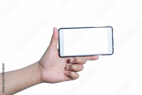 hand hold smartphone on white background