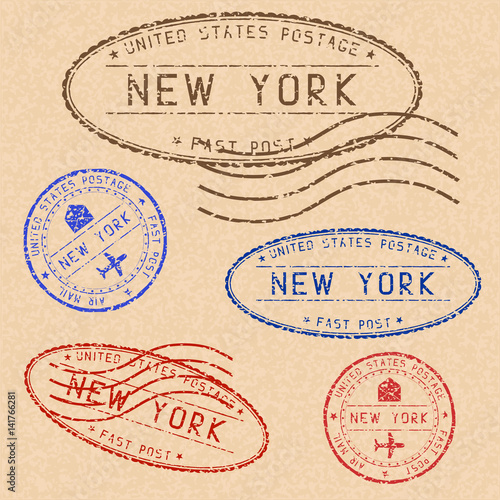 Collection of NEW YORK postal stamps partially faded on beige paper background