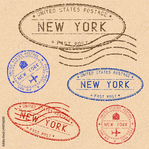 Collection of NEW YORK postal stamps partially faded on beige paper background