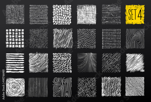 Hand drawn textures and brushes. Big artistic collection of design elements graphic patterns, geometric ornaments, abstract lines, tribal symbols made with ink. Vector. Isolated on black background.