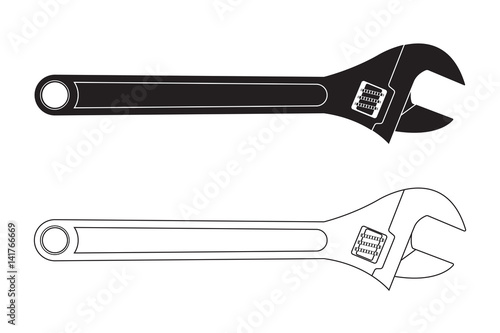 Adjustable wrench. Black and white icons