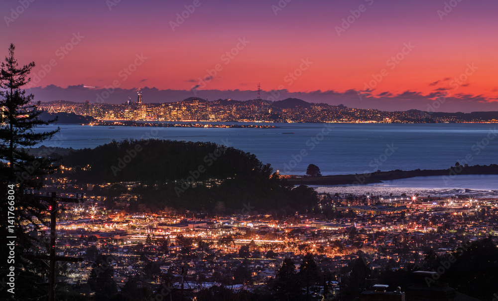 Panorama Night View of San Francisco Bay, East Bay, Oakland, Berkeley, Richmond, El Cerrito, Kensington