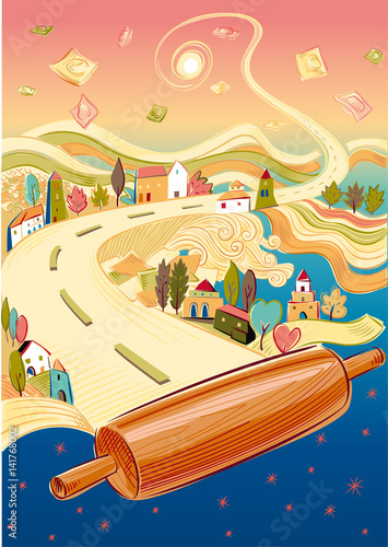 fantastic landscape, with various types of pasta, houses, trees, rolling pin