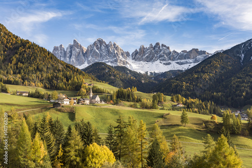 Autumnal landscape with Odle Dolomites peaks on the background. Santa Maddalena, Funes, Bolzano, Trentino Alto Adige - Sudtirol, Italy, Europe.