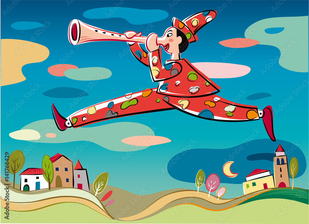Pinocchio, the puppet with a leap flying over a village, playing his nose like a flute.