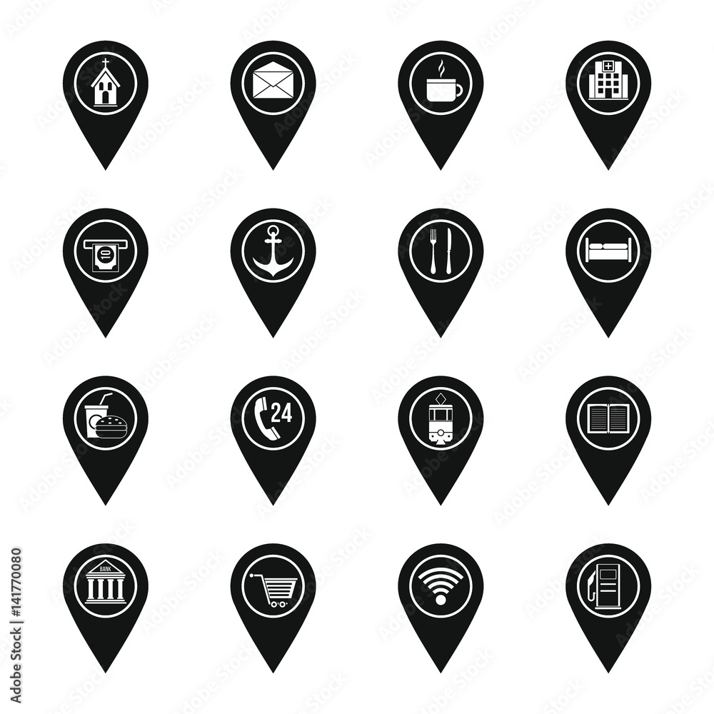 Points of interest icons set, simple style Points of interest icons set, simple style