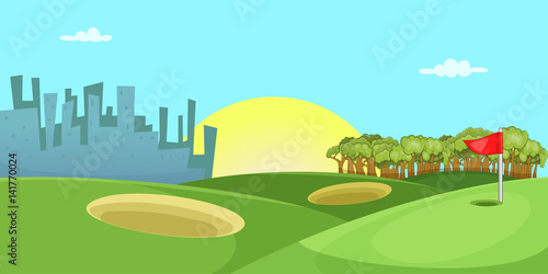 Golf course horizontal banner, cartoon style