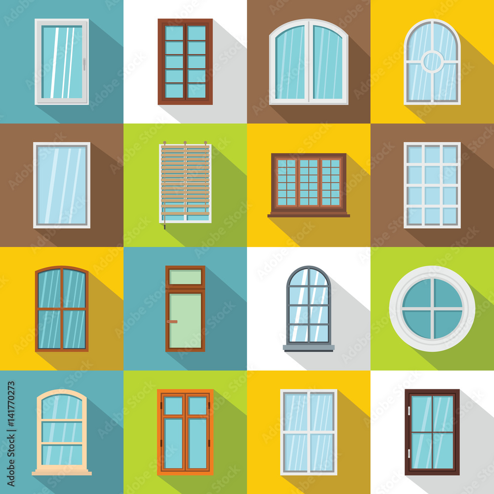Plastic window forms icons set, flat style Plastic window forms icons set, flat style