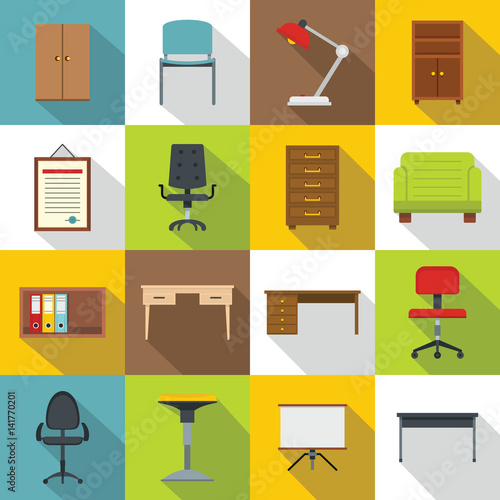 Office furniture icons set, flat style