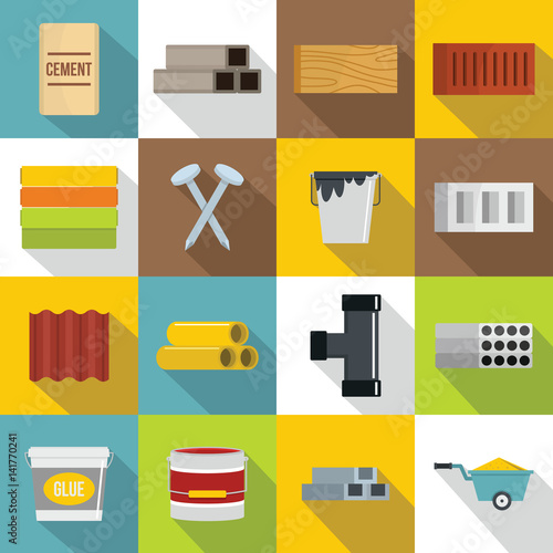 Building materials icons set, flat style