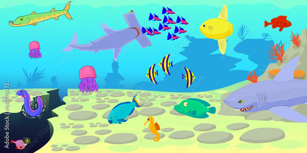 Ocean fish scene horizontal banner, cartoon style