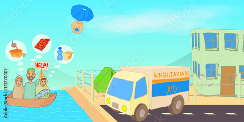 Refugee crisis horizontal banner, cartoon style