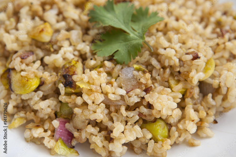 cooked integral rice with vegetables, closeup cooked integral rice with vegetables, closeup