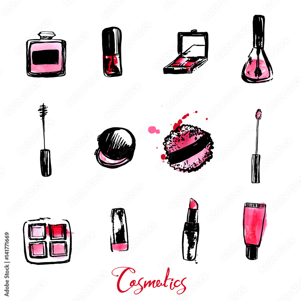 Hver uge æstetisk Reproducere Beauty and makeup icons in free style with watercolor background. Stock  Vector | Adobe Stock