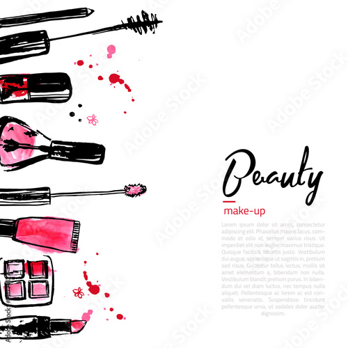 Fashion Cosmetics background with make up objects: lipstick, powder, brush. With place for your text. Glamour women style