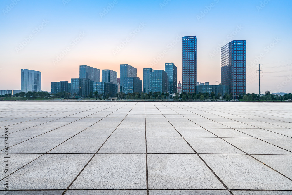 Empty floor with modern business office building