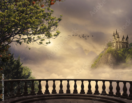 Fototapeta Fantasy castle and balcony in the mountains. 3D rendering