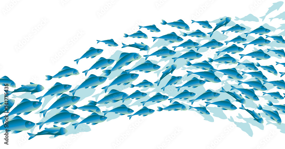Blue school fish on white background.  simple concept vector illustration - obrazy, fototapety, plakaty 