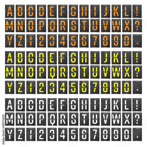 Airport Board Vector. Realistic flip scoreboard airport template. Black 3d airport board with alphabet and numbers. Analog airport board font on dark background. Destination airport board eps