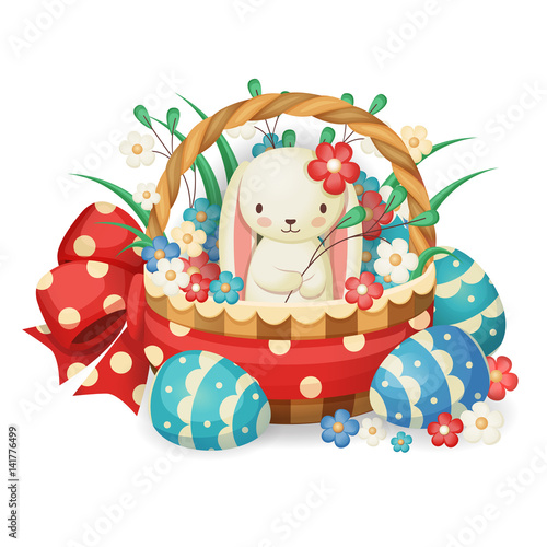 Fototapeta Naklejka Na Ścianę i Meble -  Vector illustration for the Easter holiday. Rabbit in a basket with flowers and eggs.