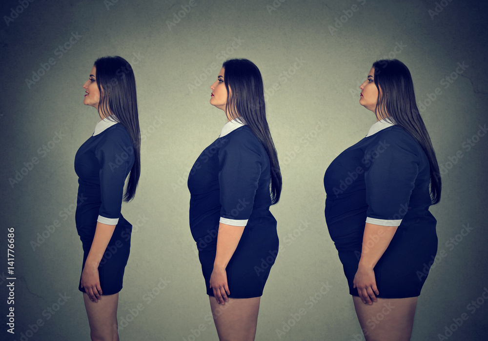 Transformation. Young fat woman becoming slim fit girl. Stock Photo