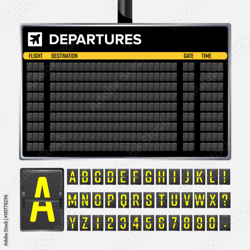 Airport Board Vector. Mechanical flip airport scoreboard. Black airport and railway timetable departure or arrival. Destination airline board abc. Vector airport board isolated