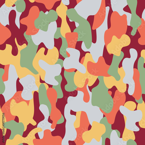 Camouflage seamless pattern in a burgundy, light green, yellow and light red colors.
