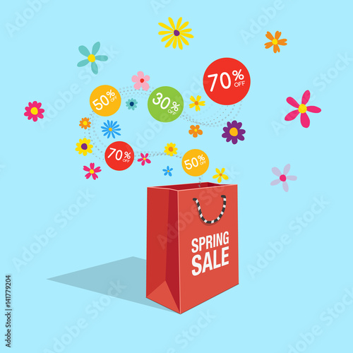 Special spring, summer offer sale discount symbol with shopping bag and flow labels and flowers isolated on light blue background. Easy to use for your design with transparent shadows.