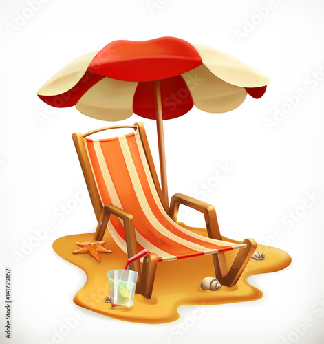 Beach umbrella and lounge chair, 3d vector icon