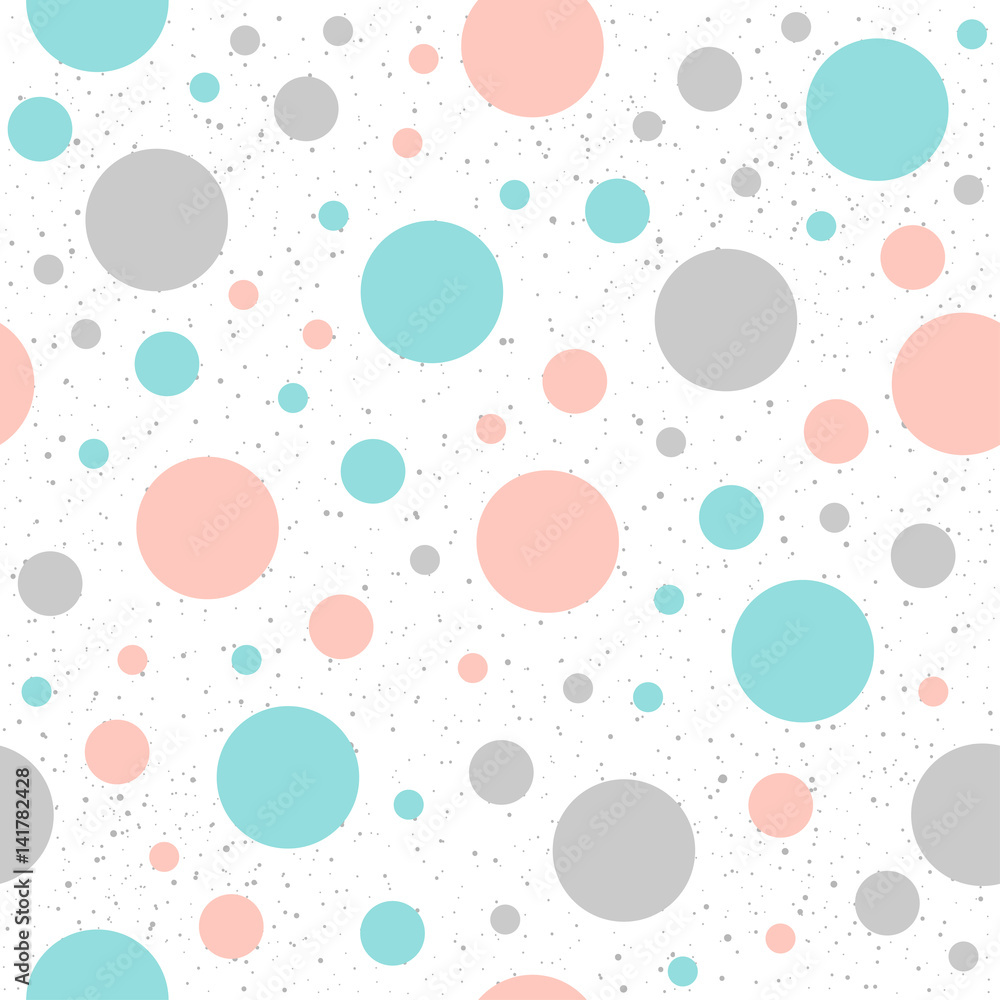 Doodle circle seamless background. Abstract childish blue, grey and pink round