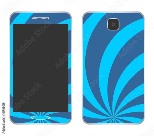 Blue design mobile phone speaker with gray rays from the center of the button front and behind the camera on a white background 