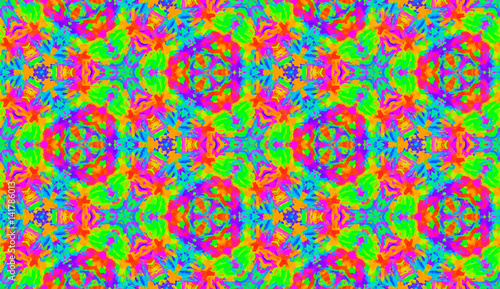 Seamless pattern tile with mandalas. Vintage decorative elements. Hand drawn background. Islam, Arabic, Indian motifs. Perfect for printing on fabric or paper. Neon rainbow kaleidoscope vector.Tie dye