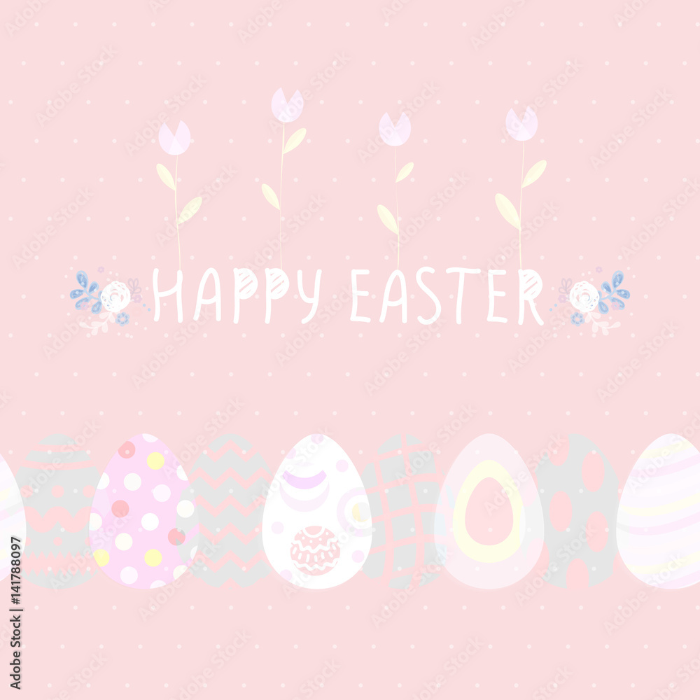 Happy Easter cute poster With eggs, Flowers. Vector illustration. Wallpaper, flyers, brochure,voucher.