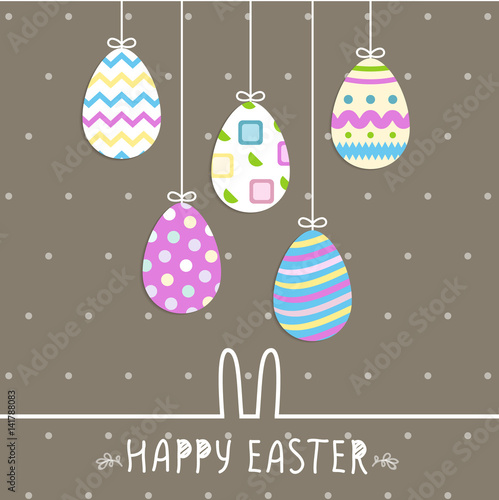 Happy Easter cute poster With hanging eggs. Vector illustration. Wallpaper, flyers, brochure,voucher.
