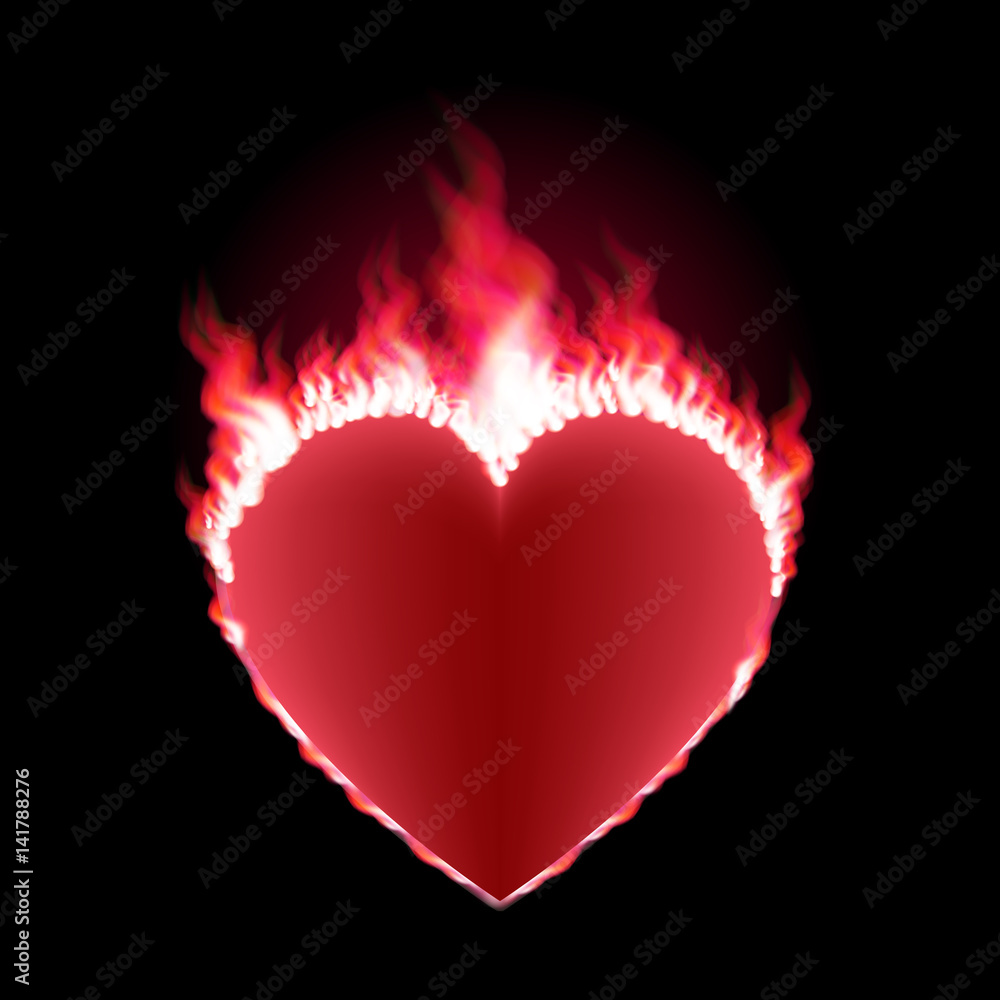 Burning red heart isolated on black background. Heart shape surrounded with  transparent fire and red glow. Vector illustration for logos, cards, print  products or other design. Stock Vector | Adobe Stock